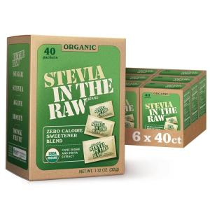 Organic Stevia In The Raw, Plant Based Zero Calorie Natural Sweetener, No Erythritol, Sugar Substitute, Sweetener for Coffee, Hot & Cold Drinks, Non-GMO, Vegan, Gluten-Free, 40 Count Packets (6 Pack)(40 Count (Pack of 6))