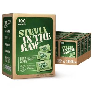 Stevia In The Raw Stevia Sweetener Packets, 50 Ct, Zero Calorie Stevia Sugar Substitute Packets, No Erythritol or Artificial Flavors, Vegan, Gluten Free, Kosher, Low Glycemic Index(100 Count (Pack of 12))
